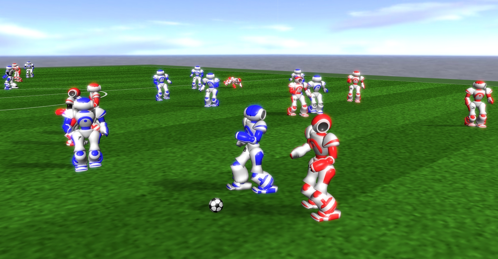 Bild von den simulierten Nao-Robotern auf dem Spielfeld